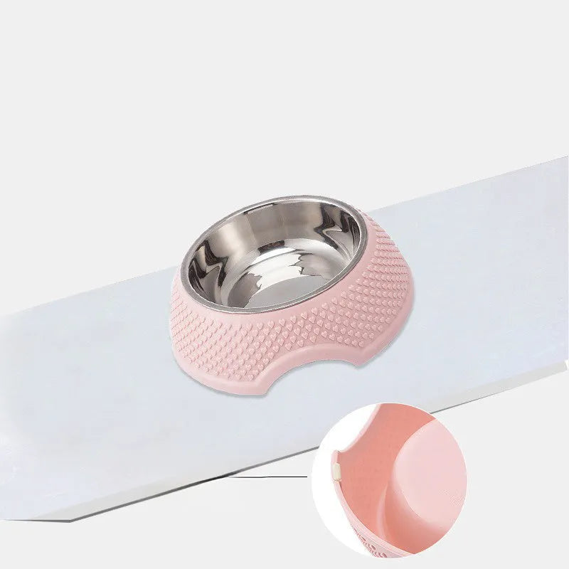 Stainless steel pet bowl with non-slip base in blue, green, or pink colour options