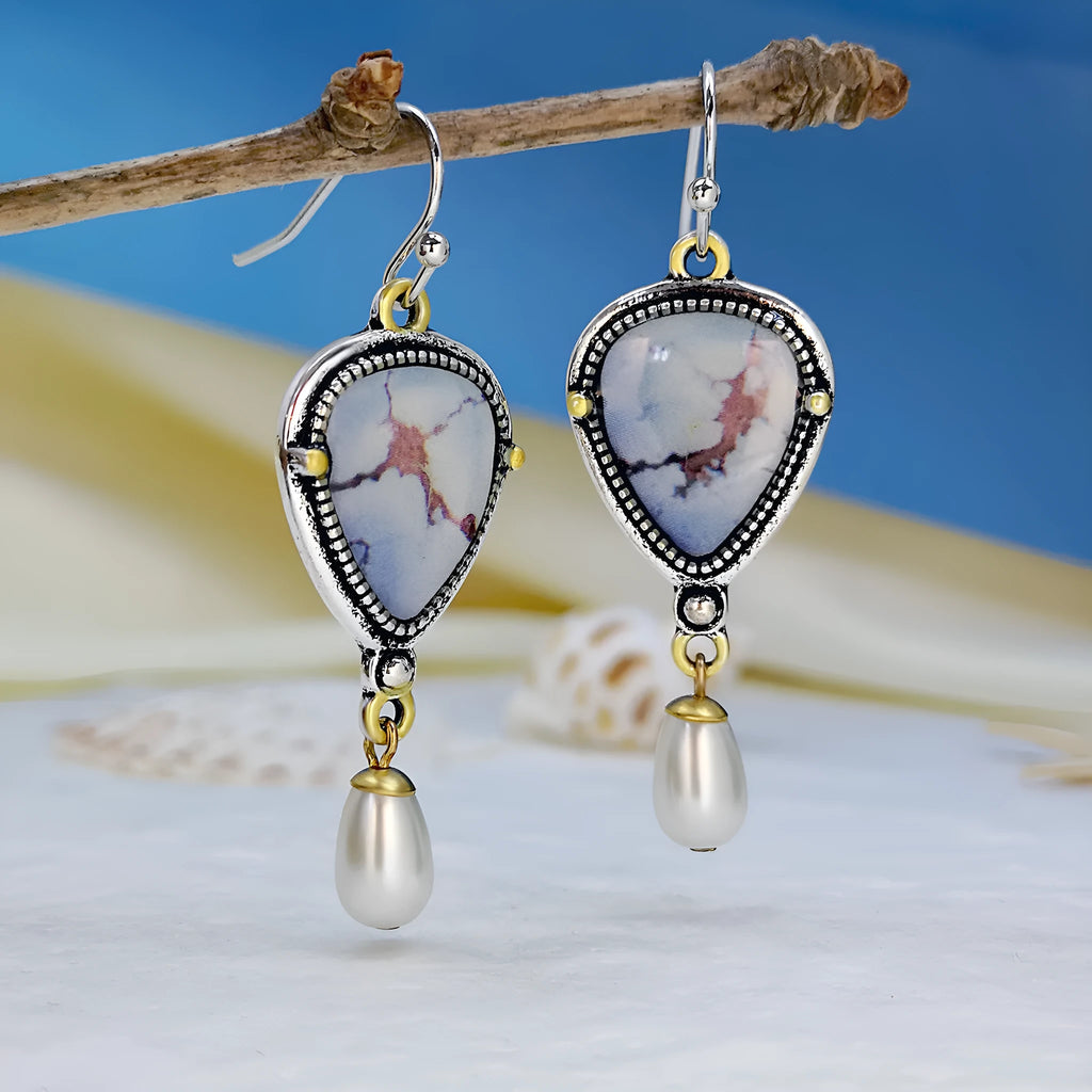 Retro blue geometric drop earrings with synthetic opal and pearl detailing on two-tone electroplated metal