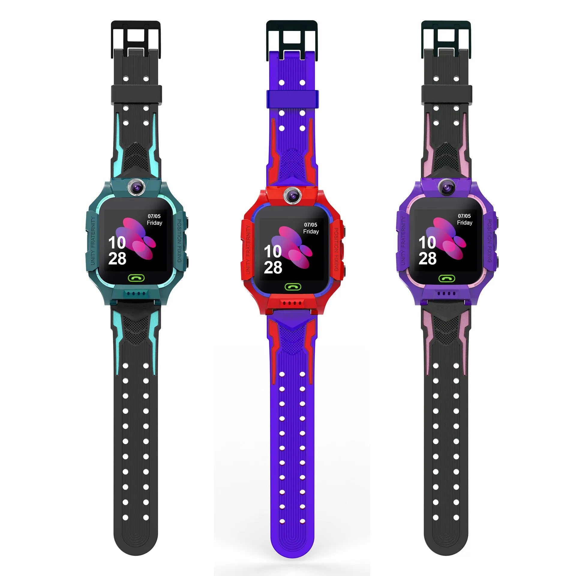 Student smart watch with pink silicone strap and touch screen, double anti-fall tempered film