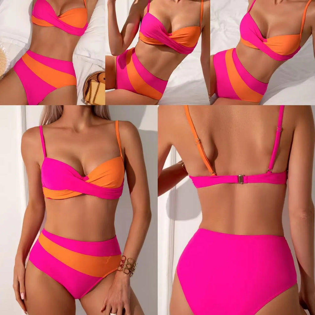 Women's fashion split bikini with steel bracket bra in orange red on plain background