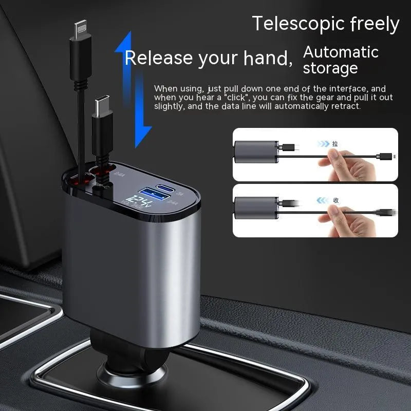 Metal car charger 100W with retractable cable and adjustable head on black background