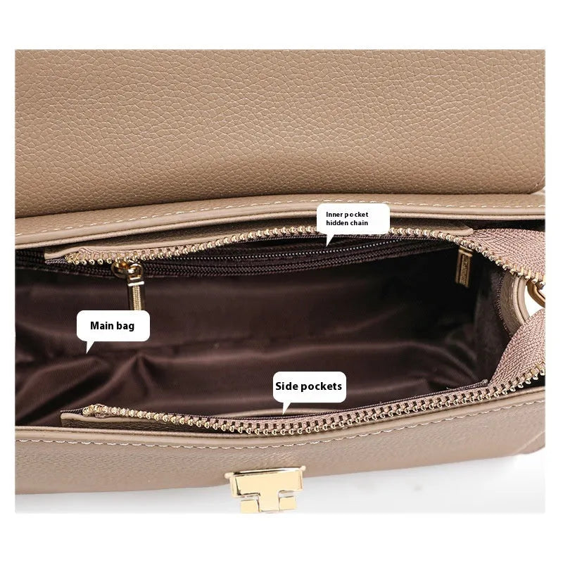 Elephant grey genuine leather vintage lock crossbody handbag with litchi pattern and file compartment
