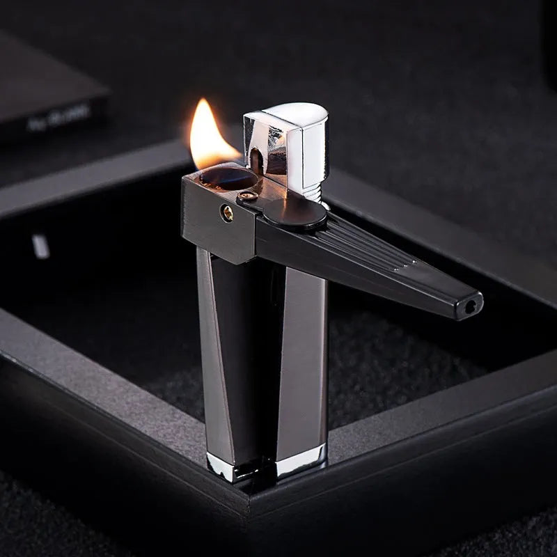 Foldable 2-in-1 metal pipe lighter and refillable butane smoking gadget with silver square cover on a dark background