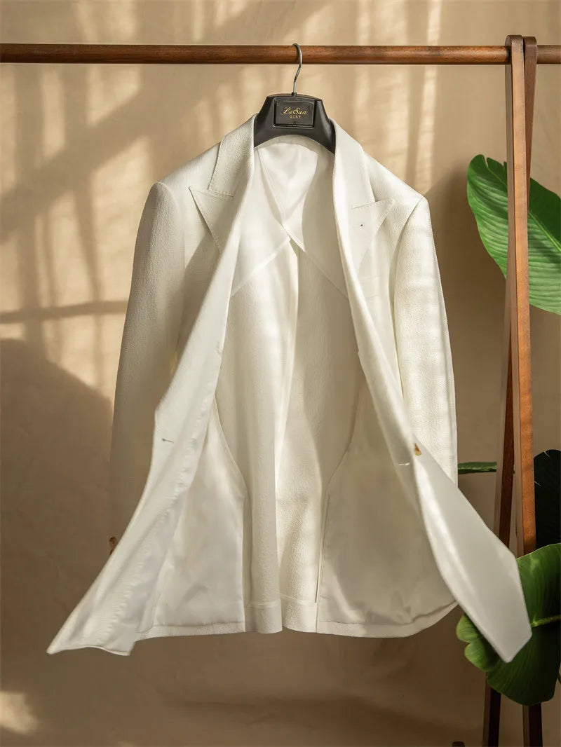 Men's half-lined seersucker blazer with two double-breasted buttons in milky white cyan