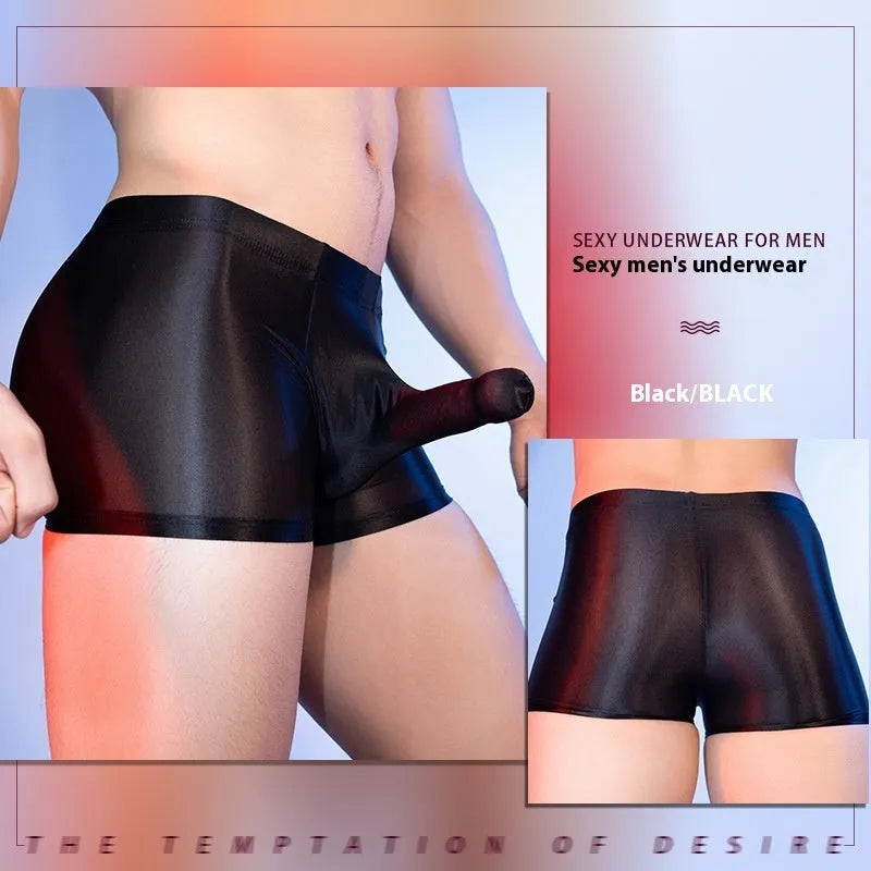 Men's nylon seamless boxer shorts with hip-lift function in black, white, red, and dark grey colours