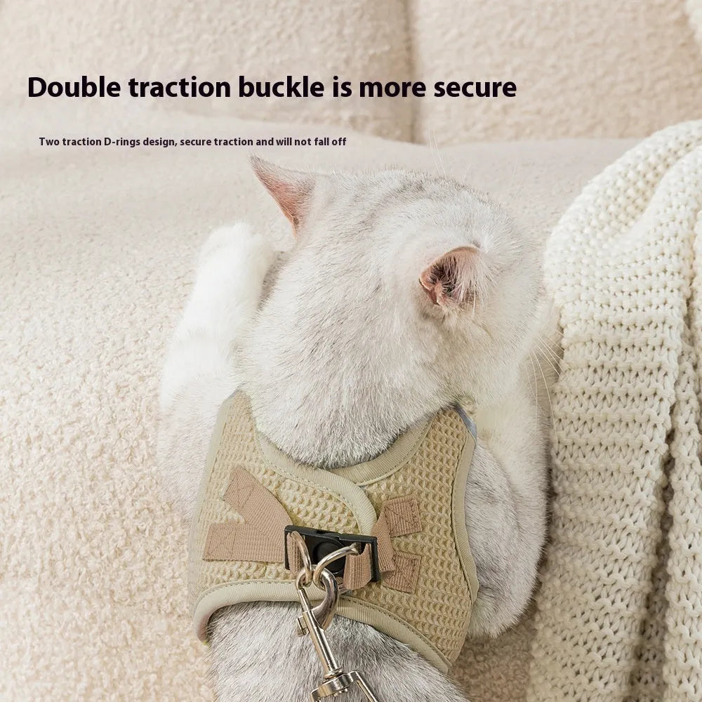 Brown cloth waffle fabric cat harness with hand holding rope and chest strap