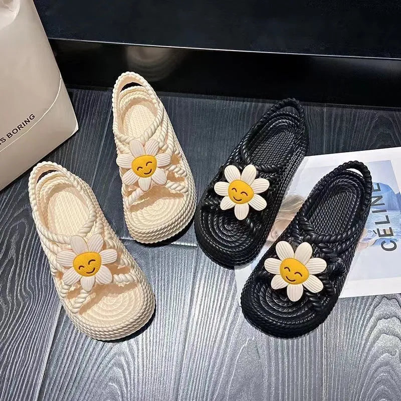 Super soft cute flower all-matching lightweight non-slip PVC sandals in beige with round head