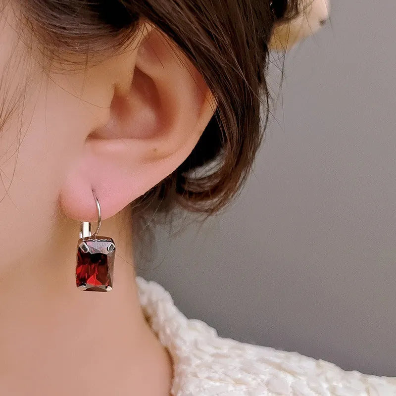 Women's square crystal stud earrings in copper setting, 25x10mm size, available in purple red yellow