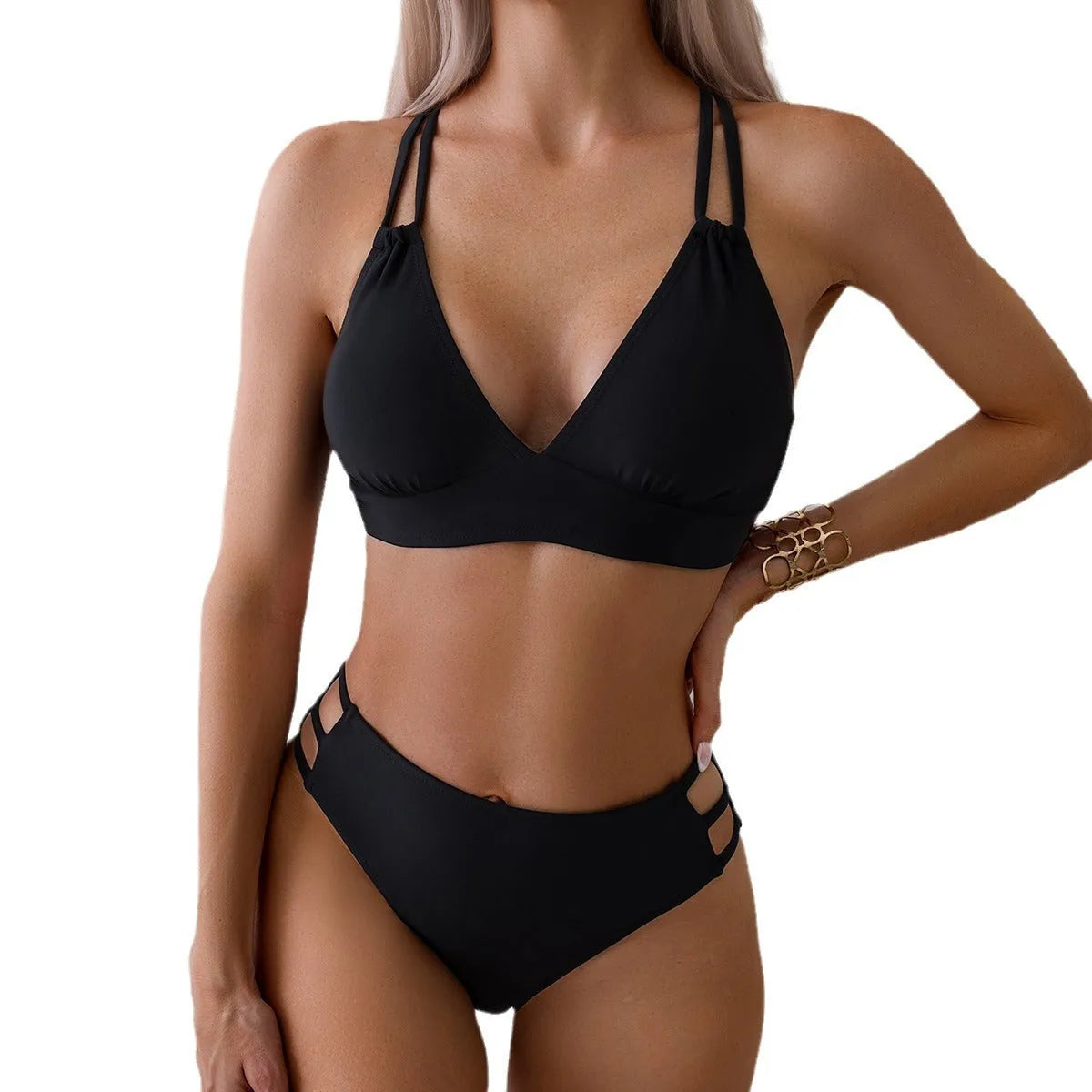 Women's halterneck bikini swimsuit with V-neck design and split shorts in nylon fabric