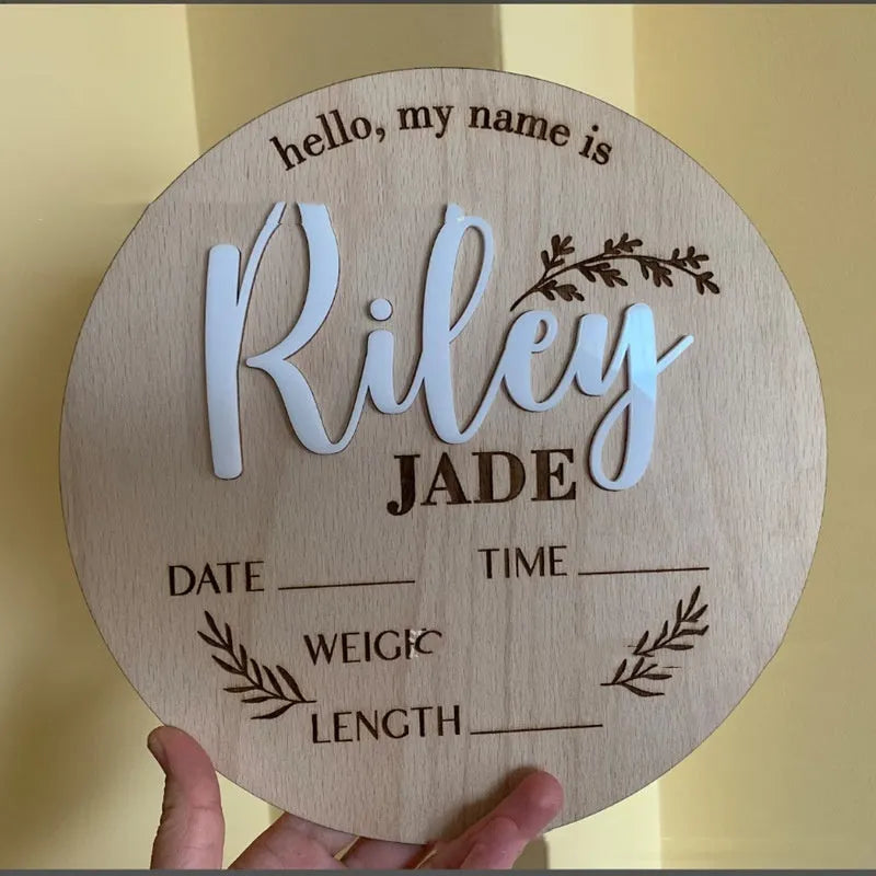 15cm square plywood newborn birth information plaque showing three style options for name and details display