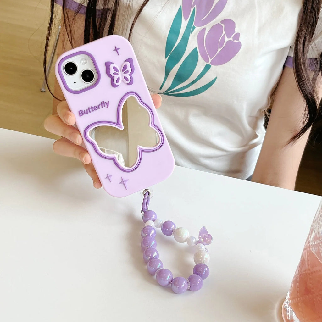 Purple butterfly mirror silicone phone case for Apple iPhone with colour matching back cover design