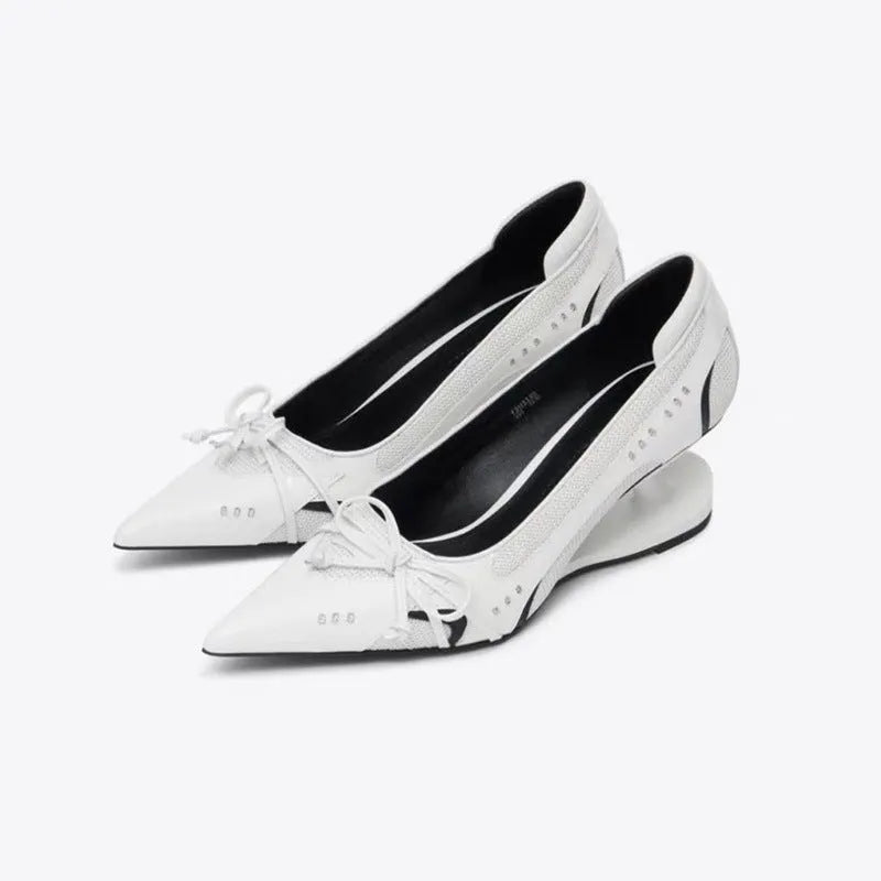 Women's black pointed toe Mary Jane high heels with special-shaped floating heel and shallow opening