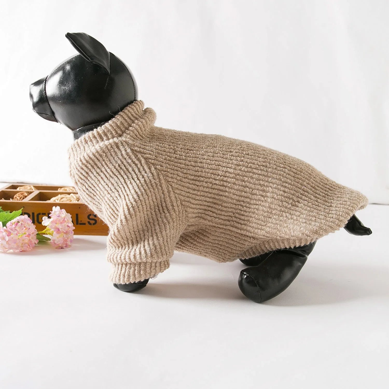 Brown cloth pullover sweater for small dog breeds on a mannequin