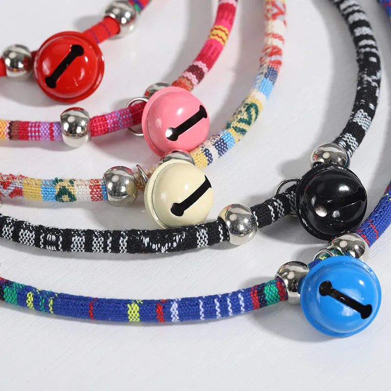 Ethnic style woven pet collar with bell in multiple colours for cats and small dogs