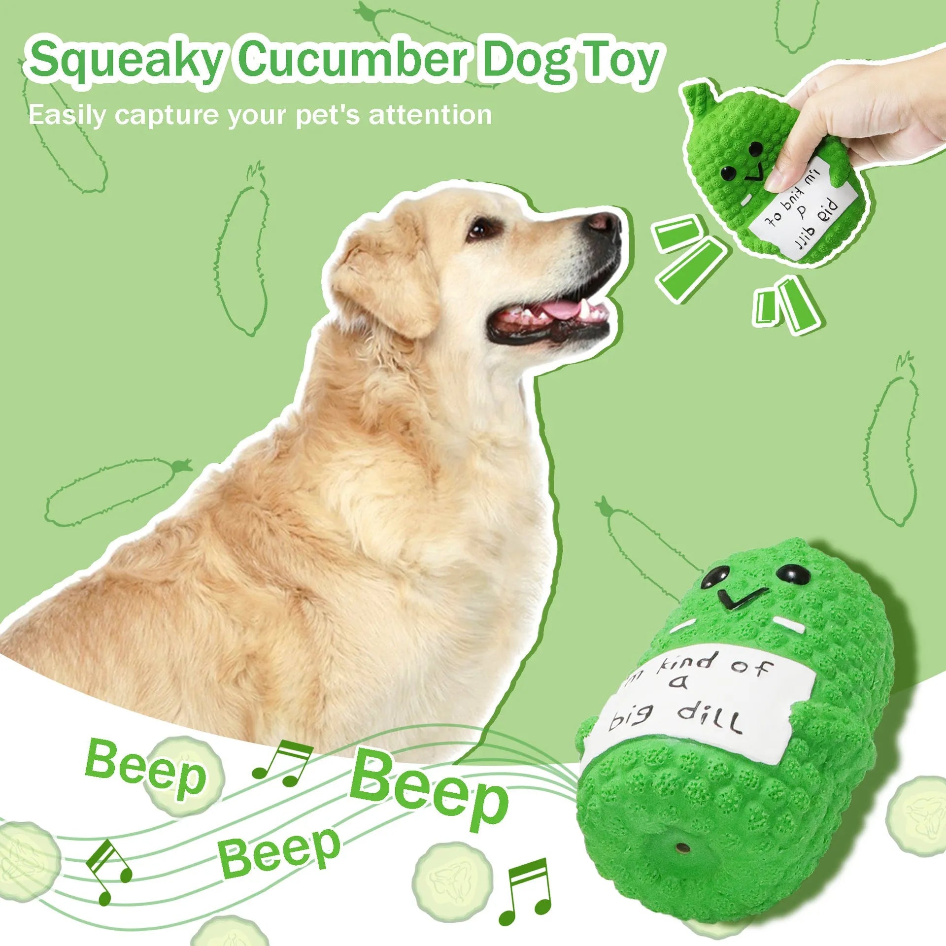 Green pickle-shaped latex dog toy with textured nubs and a squeaker inside.