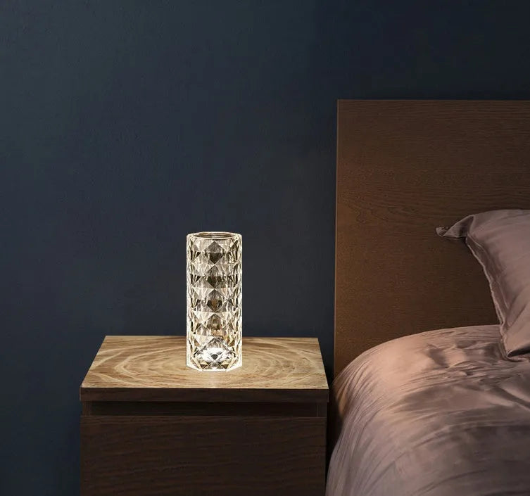 Crystal desk lamp with remote control and touch dimming, acrylic shade, 90x215 mm, USB powered, white colour option on table