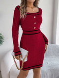 Women's long-sleeved sweater hip skirt in wine red with button front and midi length