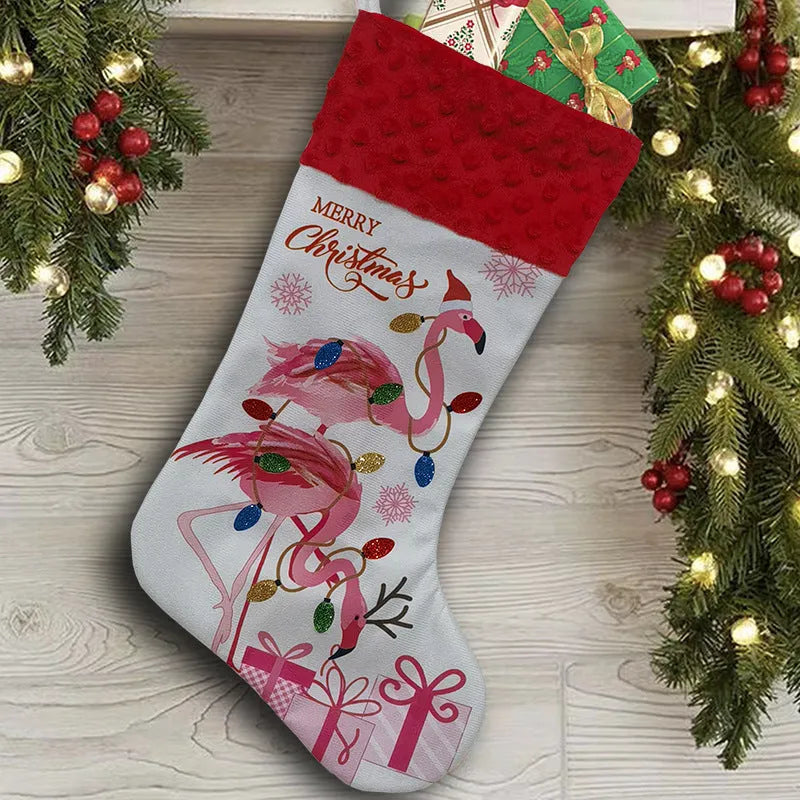 Flamingo patterned cloth Christmas stocking hanging decoration measuring 46 by 28 centimetres