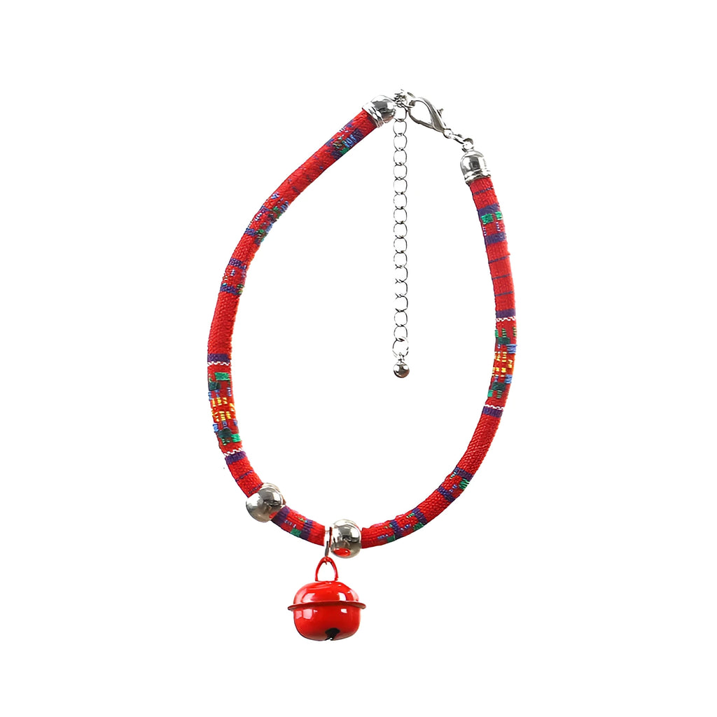 Ethnic style woven pet collar with bell in multiple colours for cats and small dogs