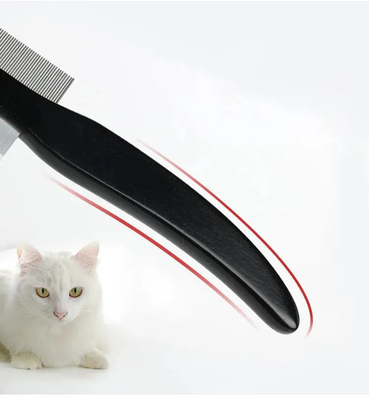 Black double-sided pet hair comb with stainless steel teeth and wood handle on white background