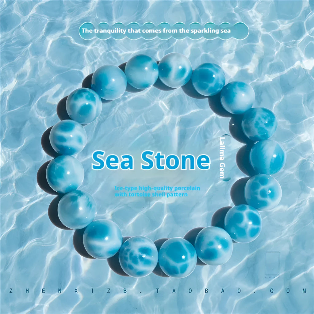 Blue Bodhi bracelet with natural crystal sea-pattern stones and pearl accents in Maillard style design