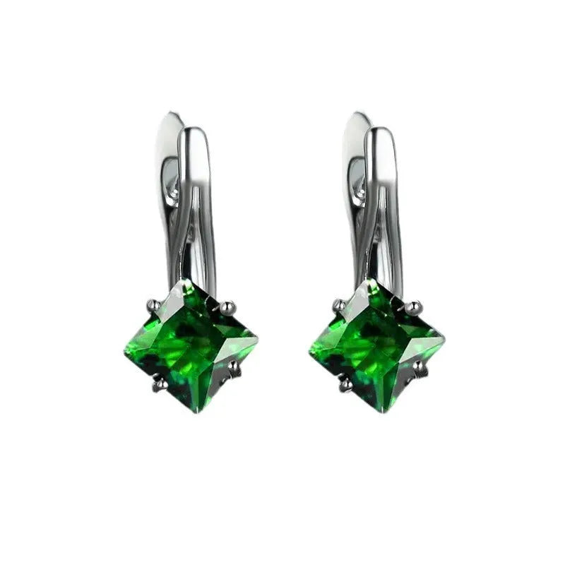 Women's copper earrings with diamond design featuring inlaid zircon crystals in blue, colour, and green options