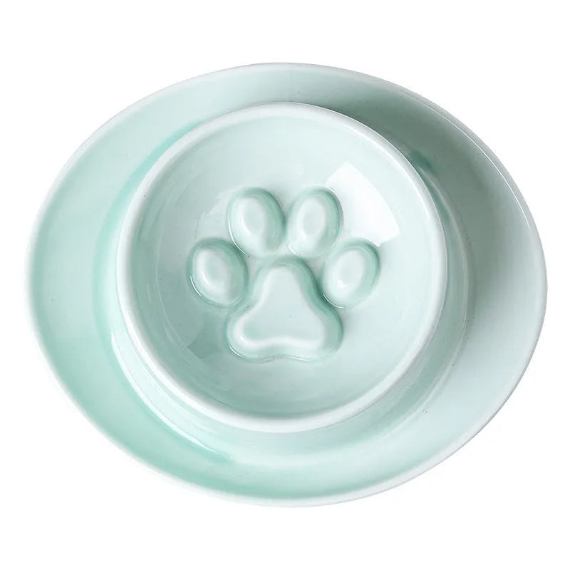 Ceramic anti-choking slow food pet bowl in green with raised centre design