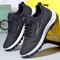 Waterproof leisure soft bottom sports work shoes in black and gray, low top, lace-up front, artificial PU upper