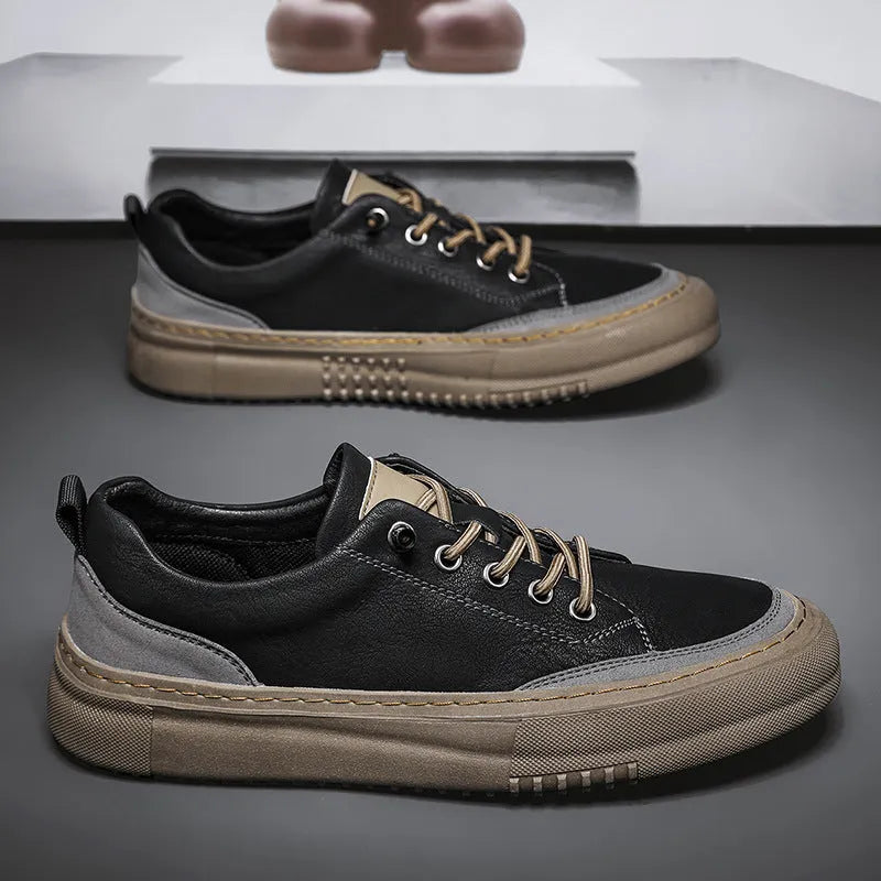 British round toe men's leather shoes – microfiber upper, rubber sole, flat heel, front lace-up, black colour, low-top board shoe style