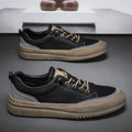 British round toe men's leather shoes – microfiber upper, rubber sole, flat heel, front lace-up, black colour, low-top board shoe style