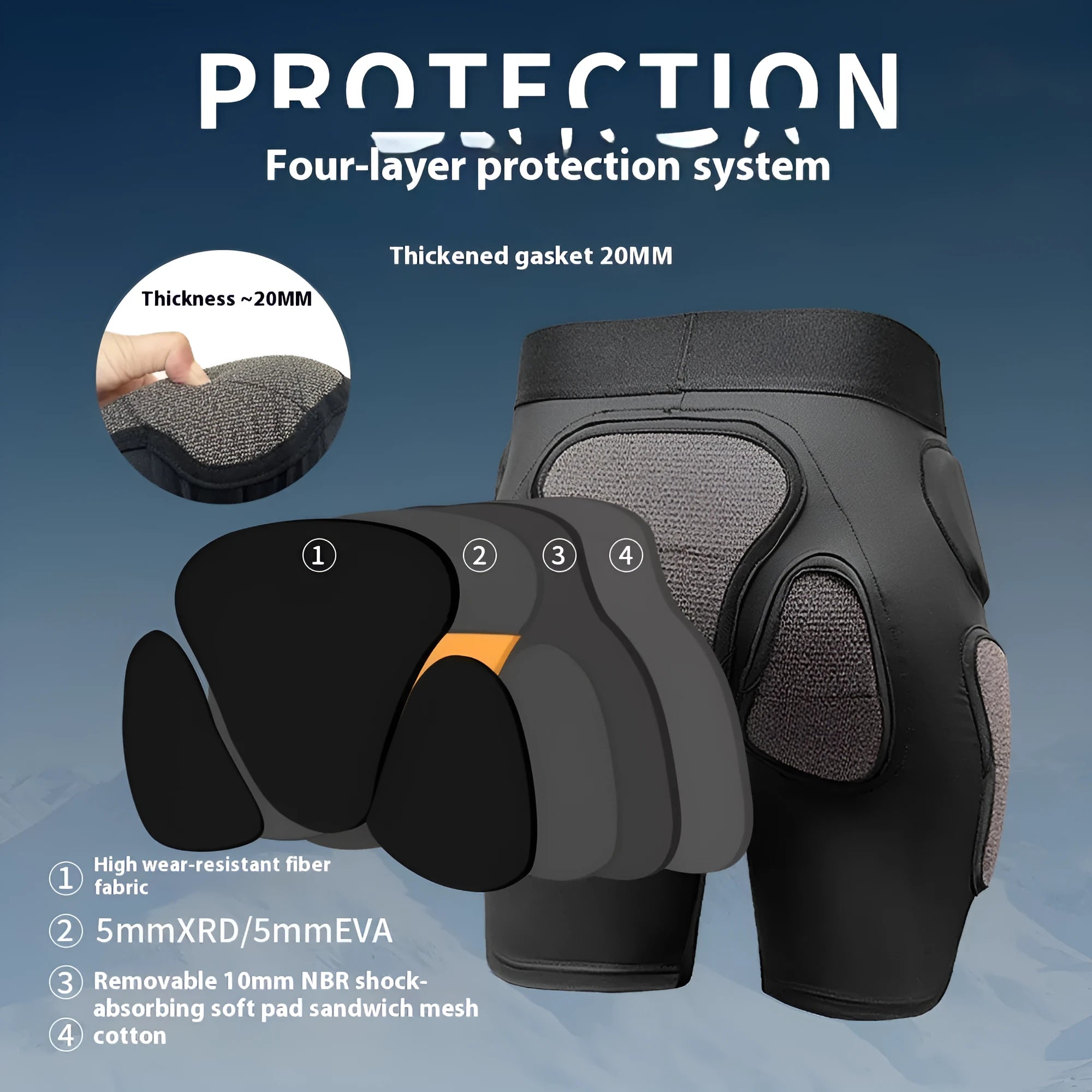 X-ray diffraction ski protective gear showing separate hip pad and knee pad for inner wear.