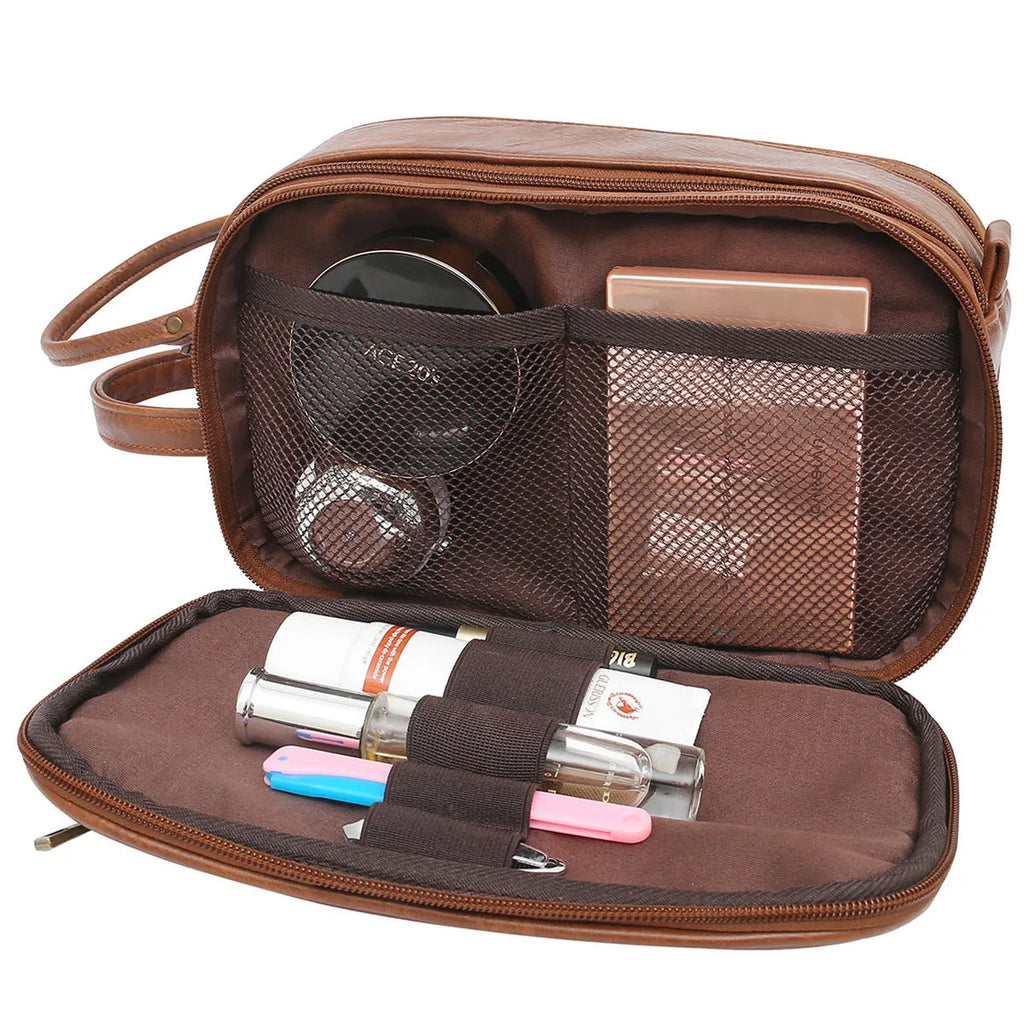 Men's black PU leather toiletry bag with zipped compartment for travel storage.