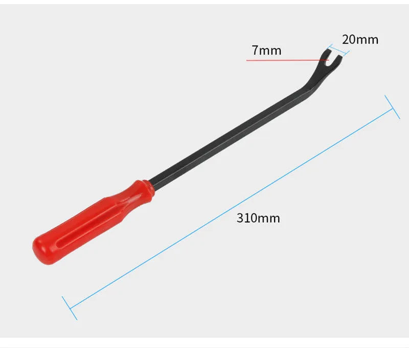 Red-handled steel automotive clip driver tool for General Motors vehicle interior panel repairs