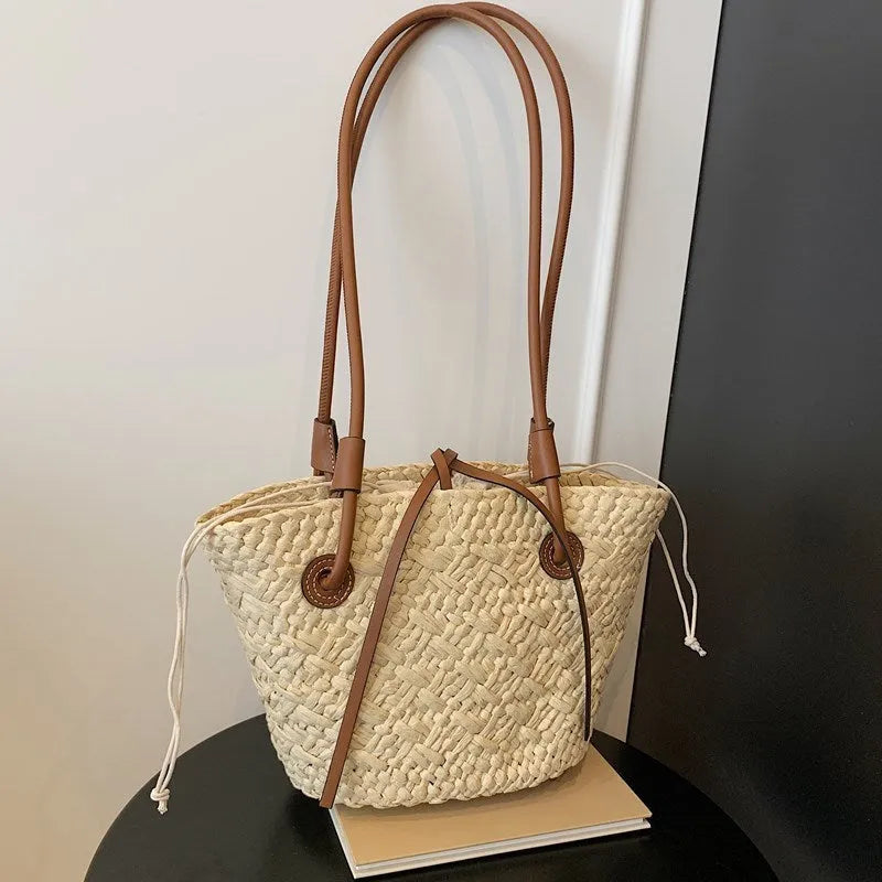New large capacity woven bag in khaki, horizontal square shape, dual-use shoulder or hand carry, no lining