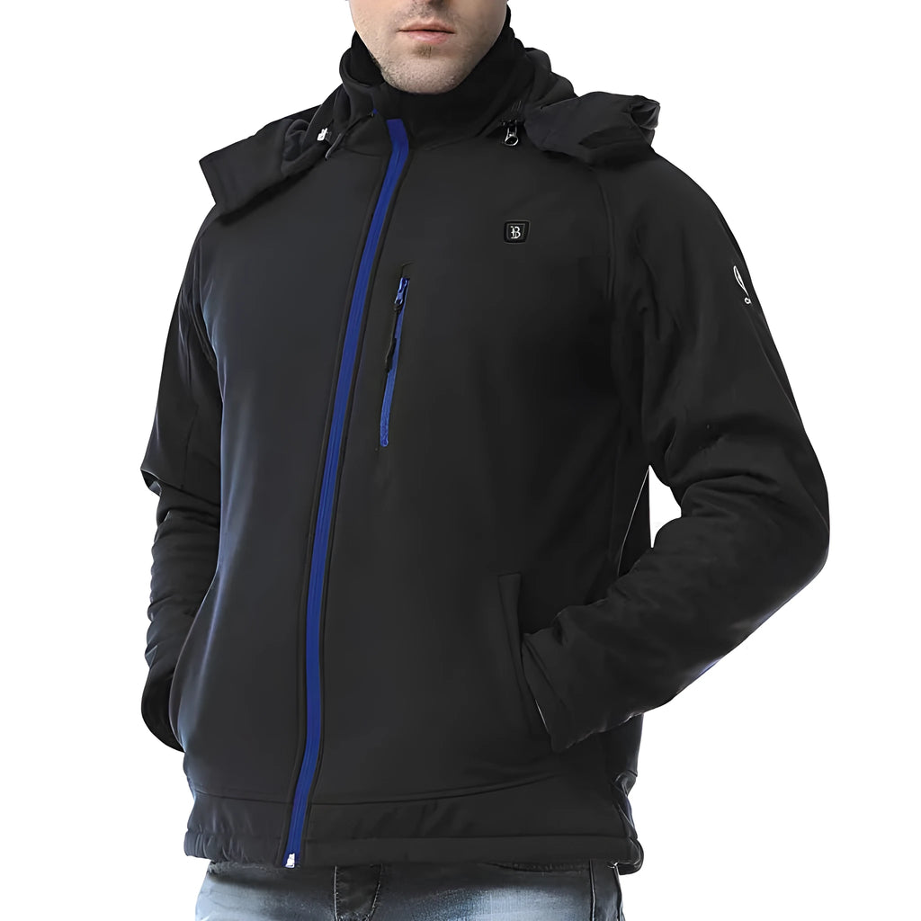 Black men's waterproof winter coat with USB heating technology and windproof polyester construction