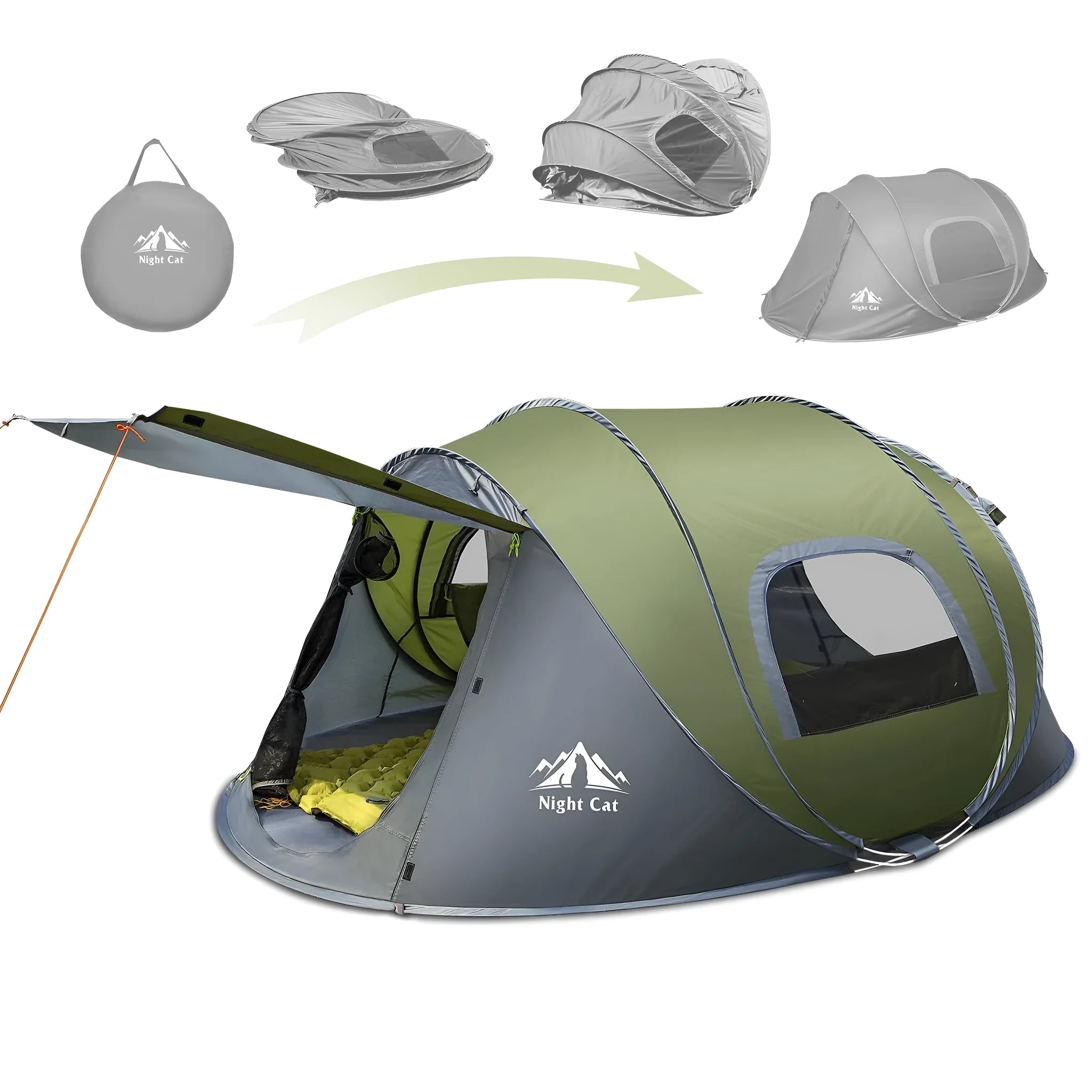 Dark green automatic pop-up two-person camping tent with dome shape shown set up in outdoor environment