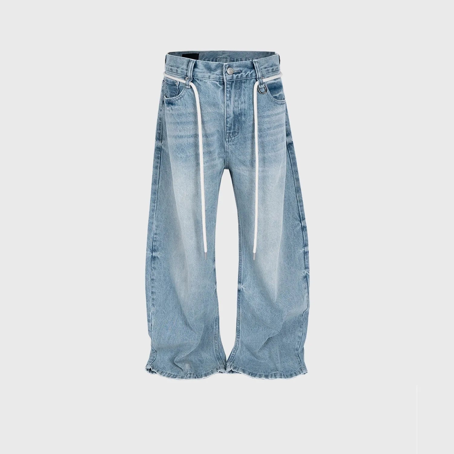 Blue retro washed straight-leg denim trousers with drawstring belt and zipper fly on a model