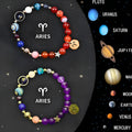 Twelve zodiac sign natural stone bead bracelets with elastic cords on wooden surface