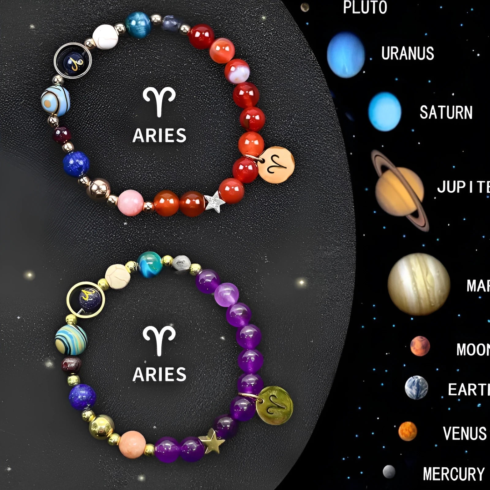 Twelve zodiac sign natural stone bead bracelets with elastic cords on wooden surface