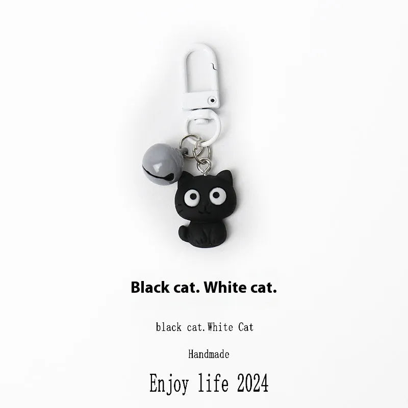 Cartoon little black cat and white kitten key chain pendant on handbag