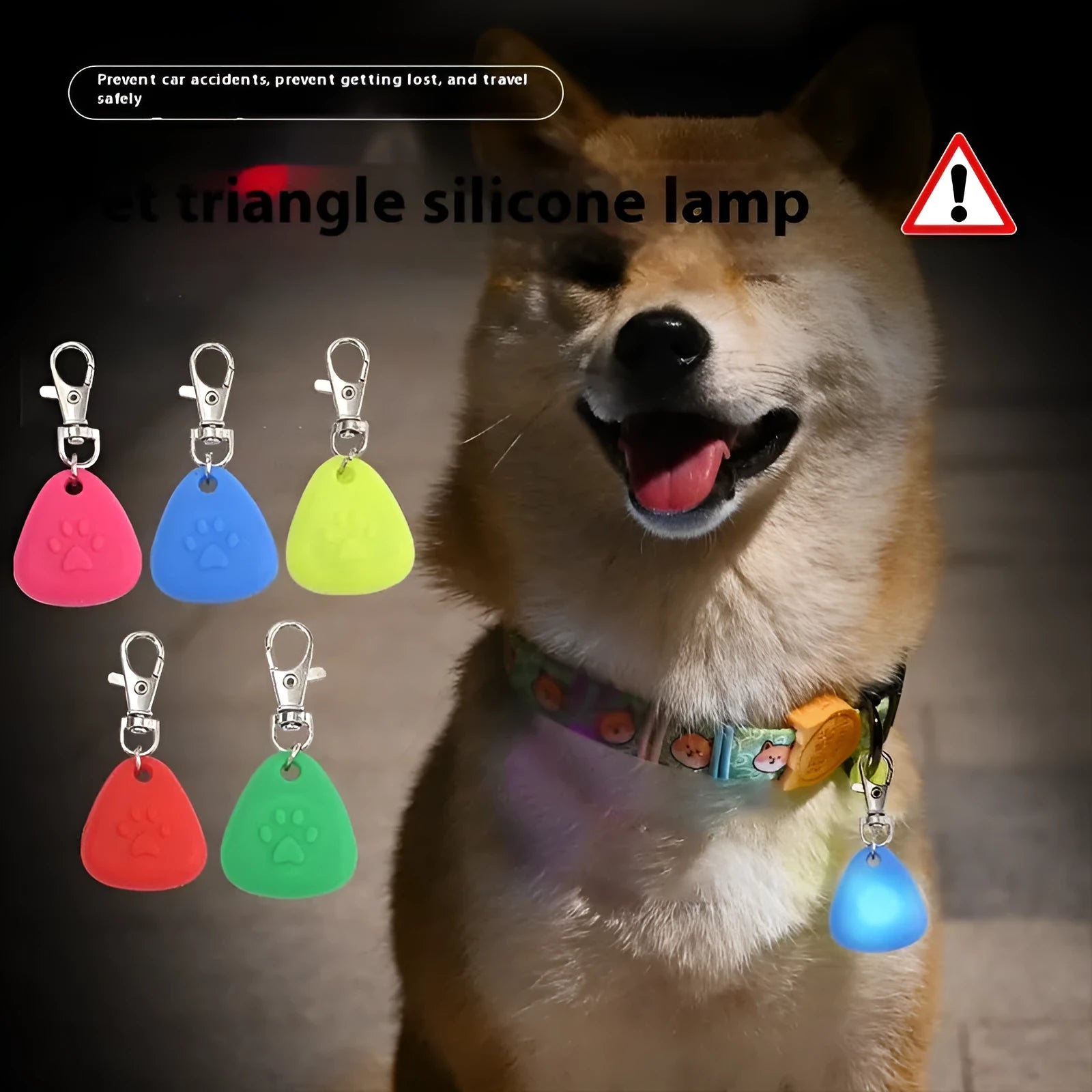 Silicone triangle light-emitting pendant for pet collar, monochrome, in red colour, on cat collar