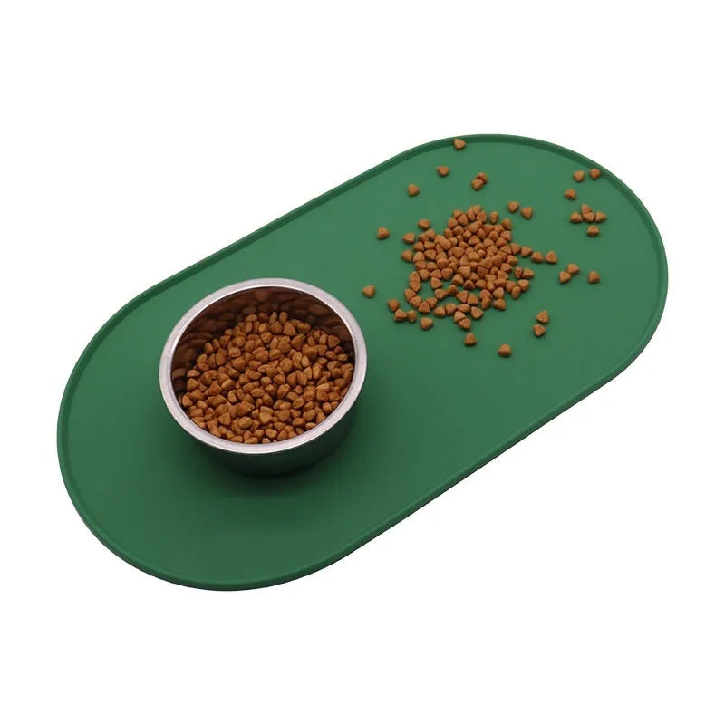 Silicone waterproof placemat for cat food and water bowls in beige, showing its size next to a bowl.