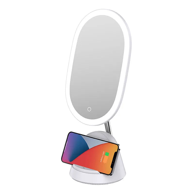 White multifunctional makeup mirror table lamp on desk, socket-powered, size 12.2x12.8x43.9 cm
