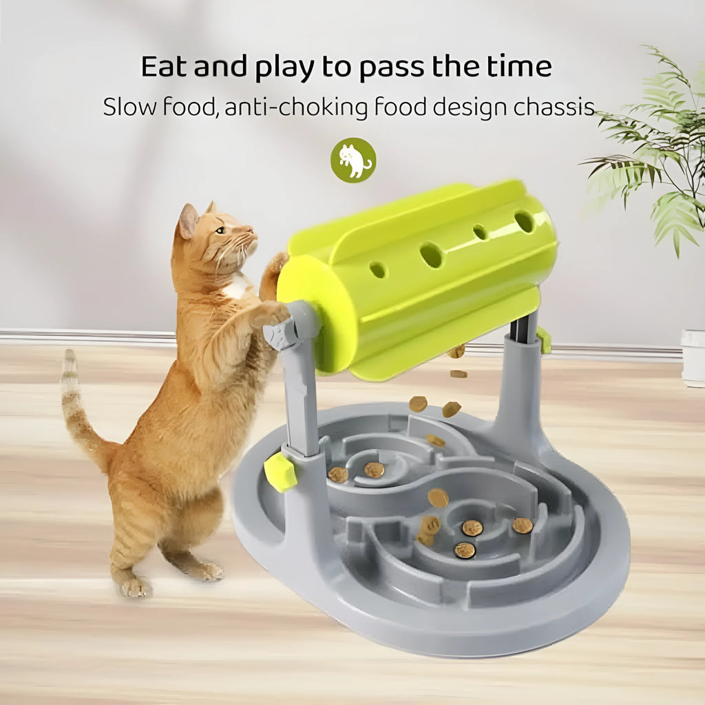 Adjustable height interactive slow feeder bowl puzzle toy for dogs and cats in blue green or pink