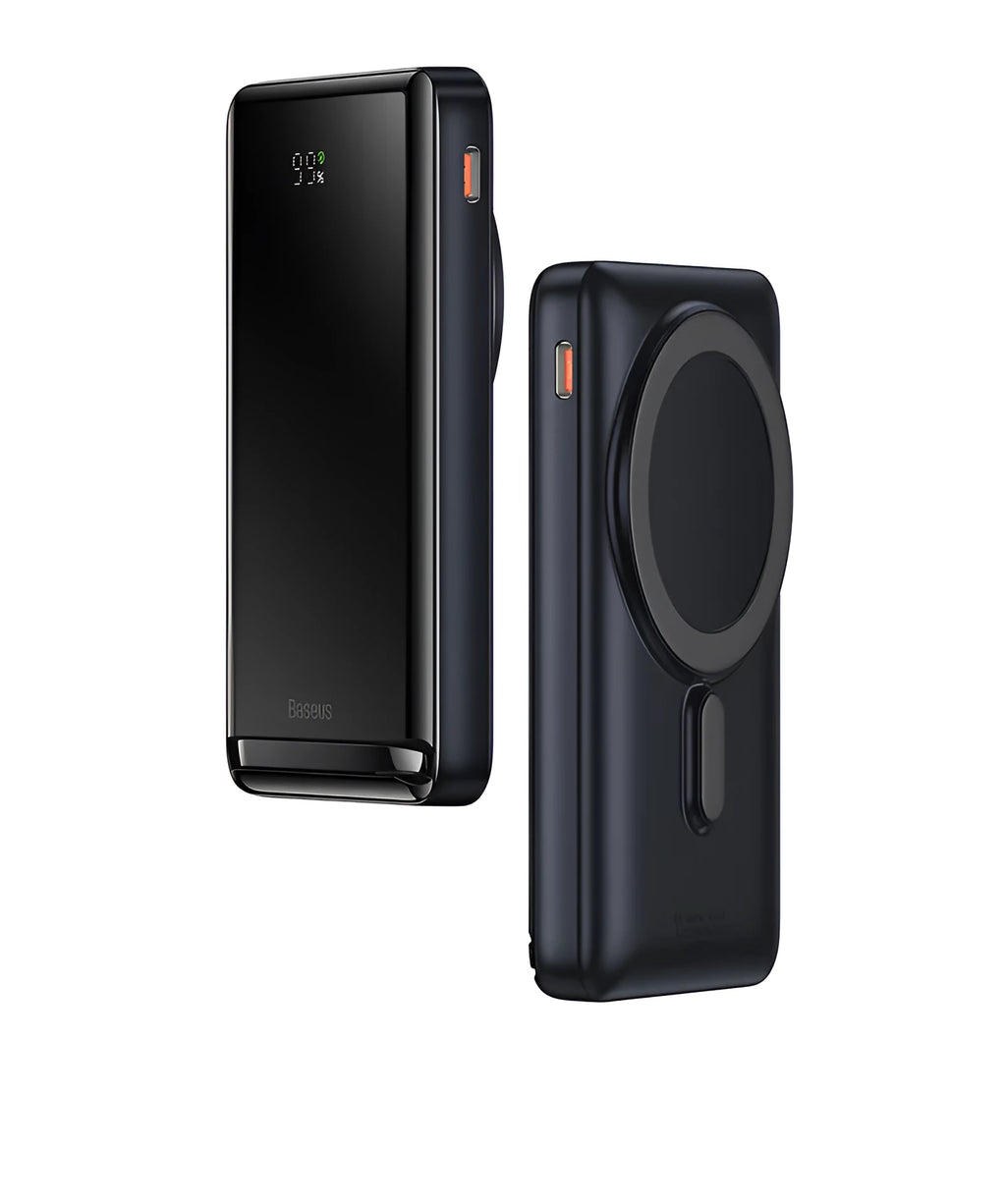 Slim blue magnetic 3-in-1 power bank showing wireless charging surface and compact size.