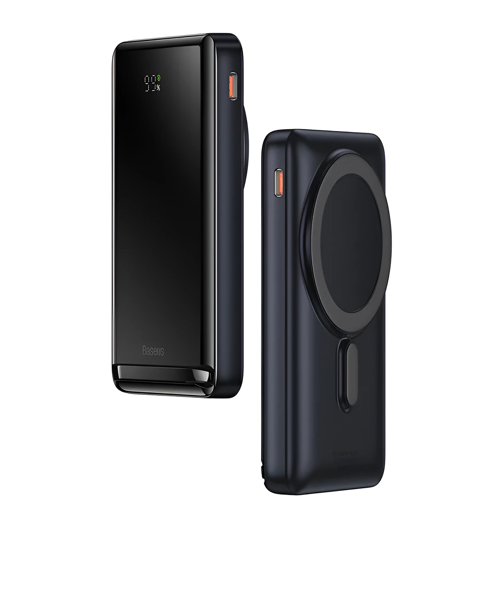 Slim blue magnetic 3-in-1 power bank showing wireless charging surface and compact size.