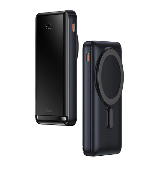 Slim blue magnetic 3-in-1 power bank showing wireless charging surface and compact size.