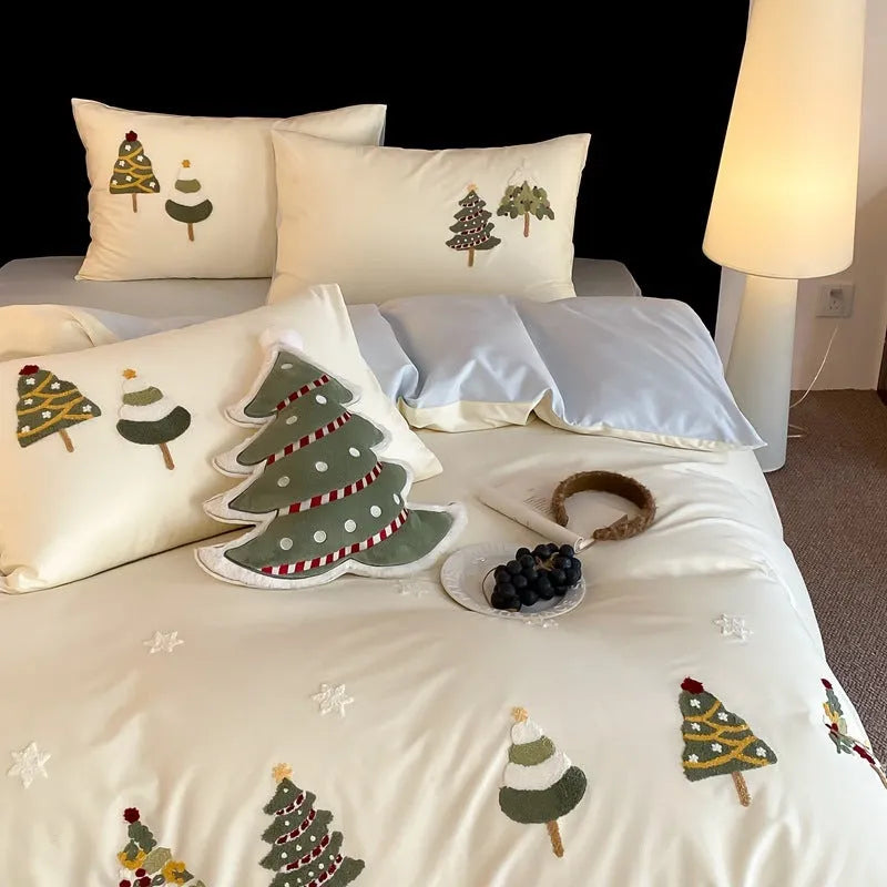 Cute Christmas tree and floral embroidered pure cotton four-piece bedding set in cream blue or green