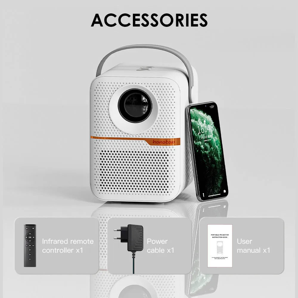 P10 2023 mini portable LCD projector in black with Android system, 720p resolution and 400 lumens