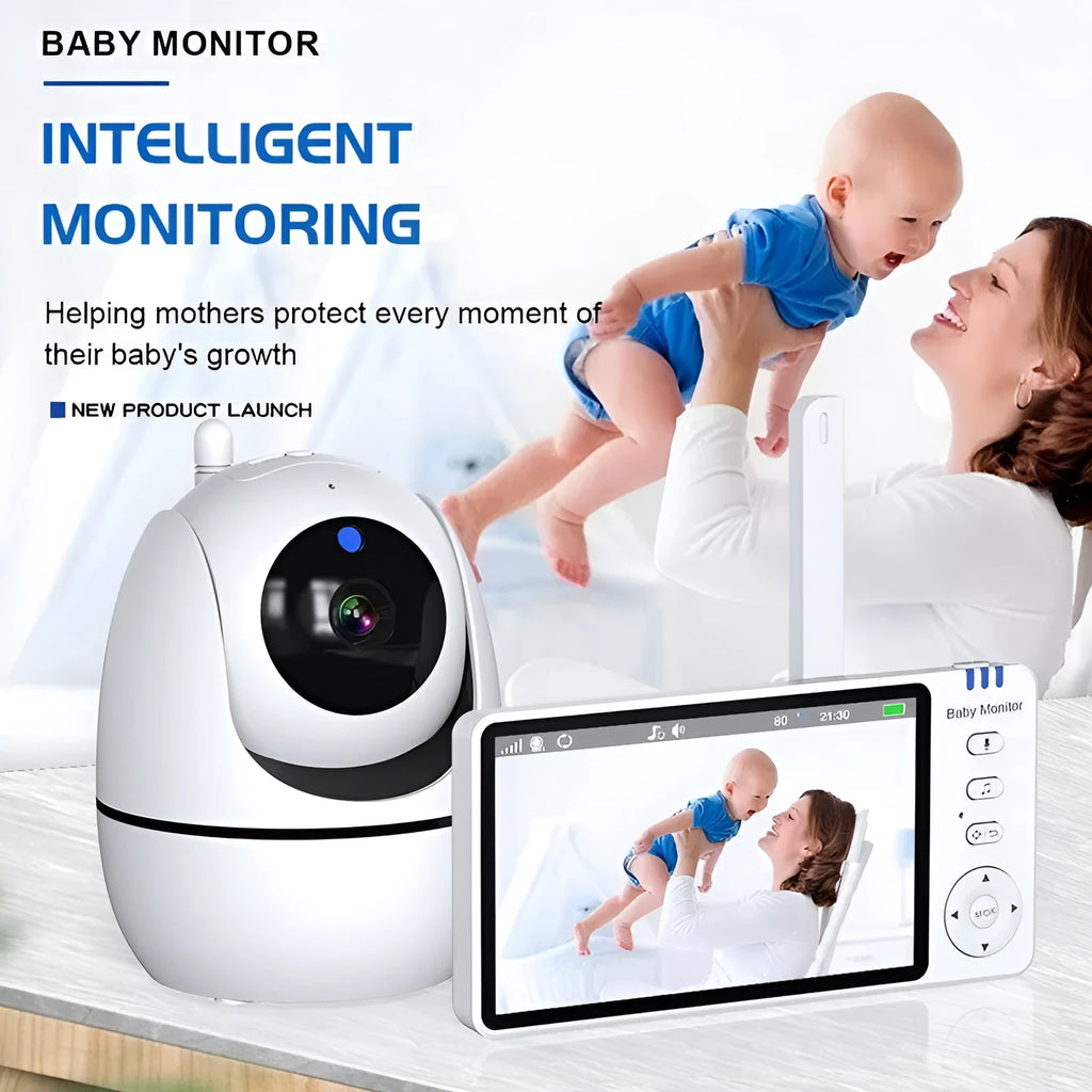 White HD wireless baby monitor with 5.0-inch LCD screen and camera on a nursery shelf